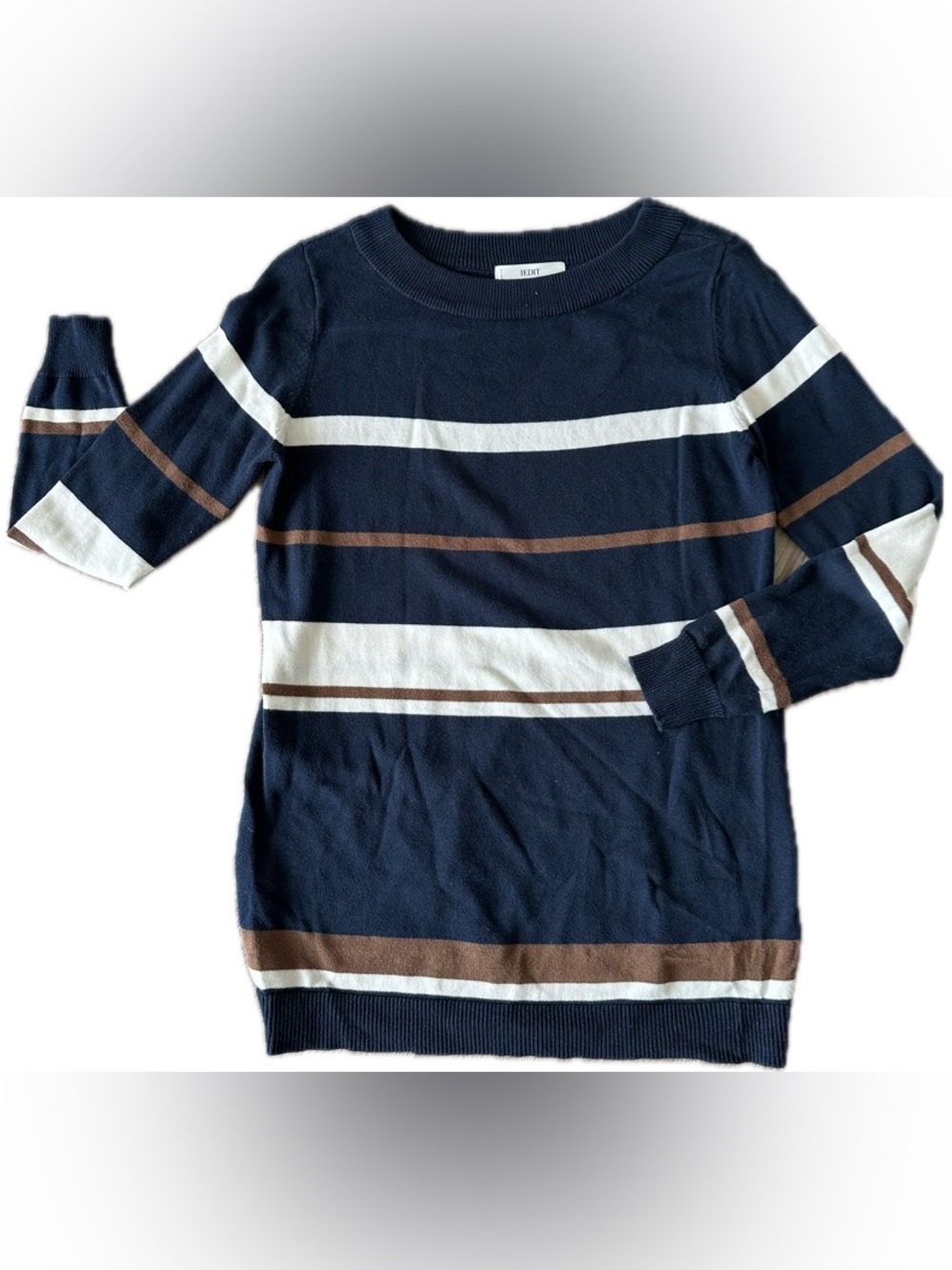 Striped Navy Knit Sweater with White & Brown Bands